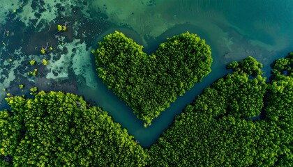 Aerial view of a heart-shaped forest formation in the ocean