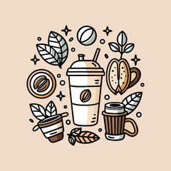 A hand-drawn coffee cup surrounded by coffee beans and leaves, vintage doodle style, simple line art on a beige background