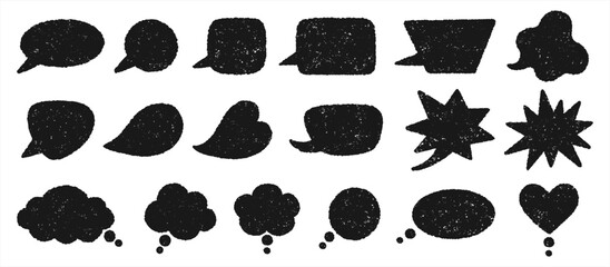 Textured grungy hand drawn speech bubbles silhouettes set. Rough uneven rugged edge. Talking, speaking, screaming, thinking, dreaming cartoon cloud heart grunge shapes text box backround collection.