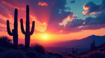 Fiery Sunset Hues Paint the Desert Landscape, Silhouetting Majestic Cacti Against a Vibrant Sky