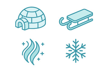 Winter-themed illustrations featuring an igloo, sled, snowflake, and warm vapor patterns in cool colors