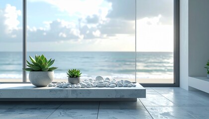 Serene ocean view from modern interior with potted succulents and white decorative pebbles.