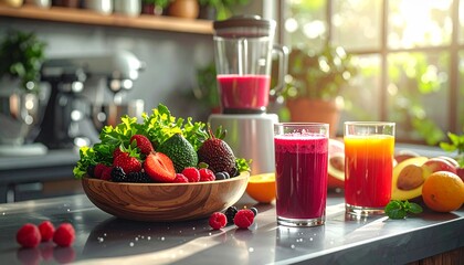 Fresh Fruit and Vegetable Juices with Blender and Ingredients on Kitchen Counter