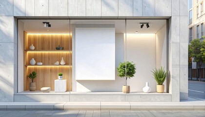 Modern Storefront Display with Blank Sign, Plants, and Decor