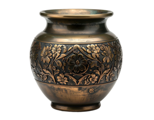 Bronze vase with floral relief, rounded body, fluted rim, dark shadows