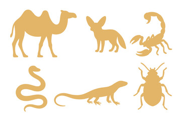 Collection of desert animals and insects silhouettes including camel, fennec fox, scorpion, snake, lizard, and beetle