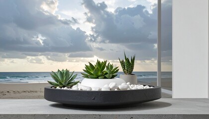 Succulents in Modern Planter with Beach View, Cloudy Sky.
