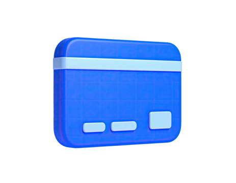 3D-rendered blue credit card with a light blue stripe and details on a black background