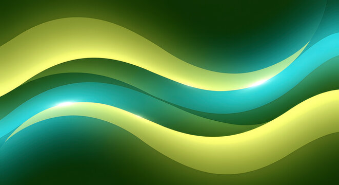 Abstract colorful background with smooth curving wave lines in green, turquoise, and soft yellow, layered transparencies with glowing highlights, symbolizing relaxation, healing energy, and positivity