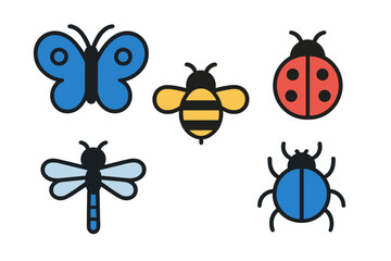 Assortment of colorful stylized flying insects and crawling beetles in a simple graphic style