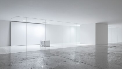 Minimalist interior with marble cube and glass partitions in a modern gallery