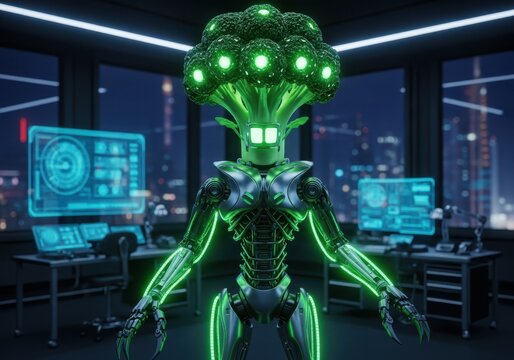 Futuristic robot with a broccolishaped head, glowing green, standing in a hightech laboratory with city view