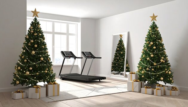 Festive Fitness: Christmas Home Gym Interior with Treadmills and Decorated Trees