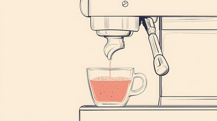 Minimalist Line Art Illustration of Espresso Machine Brewing Fresh Coffee Into a Glass Cup