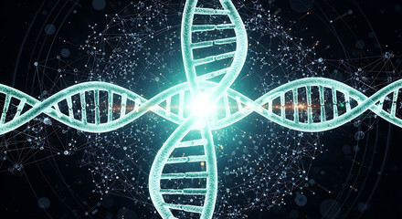 Futuristic Digital Biotechnology DNA Helix with Molecule Network and Scientific Innovation Background