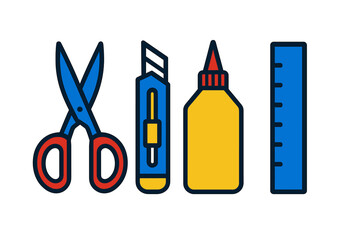 Essential crafting and office tools: scissors, utility knife, glue, and ruler
