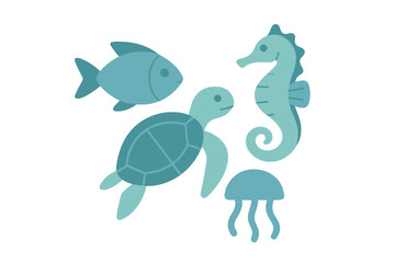 Marine animals collection with fish, sea turtle, seahorse, and jellyfish
