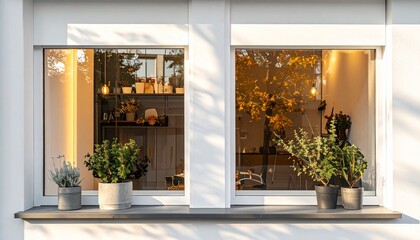 Exterior view of two windows with potted plants on the sill, reflecting autumn trees and a warm interior light.