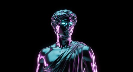 Futuristic Chrome Statue with Neon Lights and Glowing Eyes