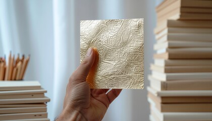 Hand holding square textured gold material, surrounded by stacks of books and pencils.