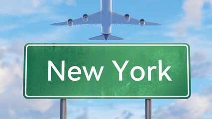 New York Road Sign with Airplane Icon for Urban Tourism Campaign Graphics