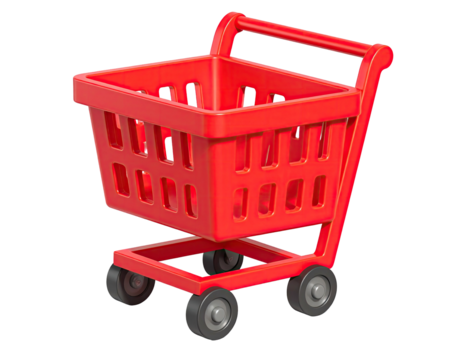 3D rendered bright red shopping cart isolated on a transparent background