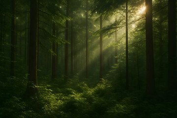 Fototapeta premium Sunlit forest path, nature trail, green leaves, peaceful scene
