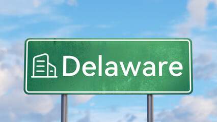 Delaware Road Sign with Corporate House Icon for Incorporation Business Designs