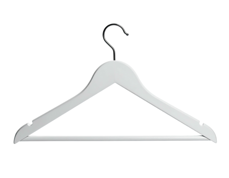 A minimalist, white wooden clothes hanger with a metal hook against black