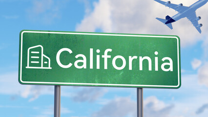 California Road Sign with Corporate House Icon for Business Hub Travel Graphics
