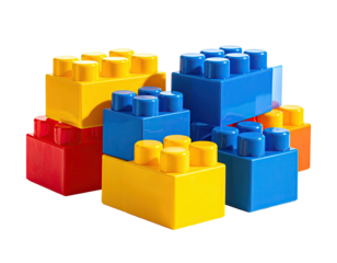 Colorful plastic bricks stacked together in an artistic, overlapping arrangement