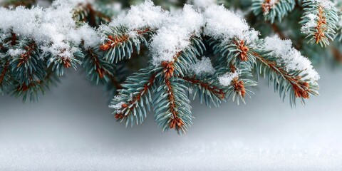 A snow covered pine tree branch with a few pine cones