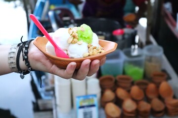 Coconut Ice Cream Street Food at Khlong Hae Floating Market, Hatyai, Thailand