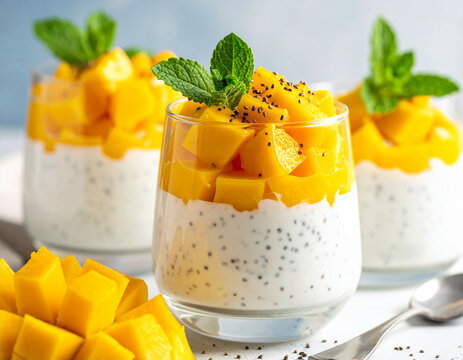 Tropical mango chia yogurt parfait in glass cup, creamy layered desser