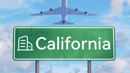 California Road Sign with Corporate House Icon for Business Hub Travel Graphics