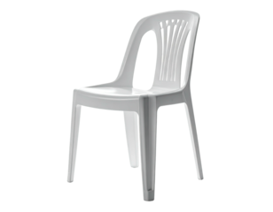 White, stackable, plastic chair, with curved back and solid legs, on a black background