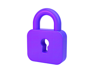 A vibrant purple, 3D-rendered padlock on a black background