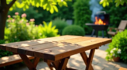 Rustic Wooden Picnic Table in a Sun-Drenched Garden with a Blurred Background of BBQ Flames