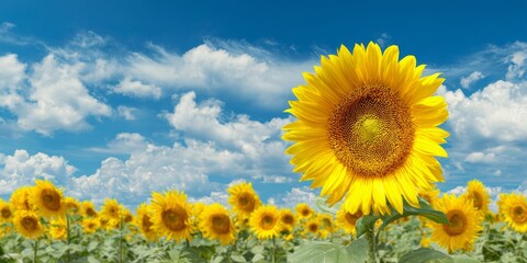 Obraz premium Sunflower ring surrounded by vibrant field of sunflowers against a clear blue sky with fluffy clouds in a serene and cheerful atmosphere