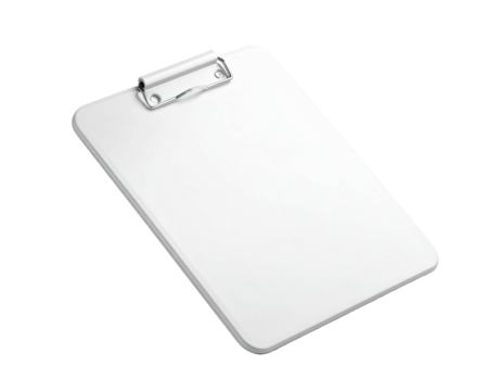 White clipboard with metal clip, angled on black backdrop, ready for notes