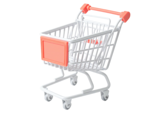 A miniature shopping cart with a peach-colored handle and accents, on a black background