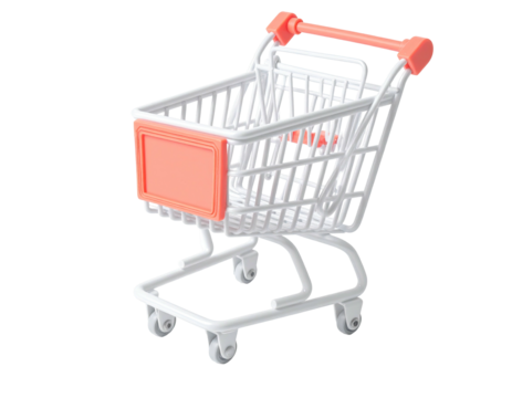 A miniature shopping cart with a peach-colored handle and accents, on a black background