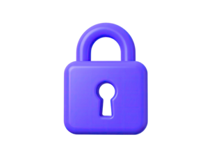 A vibrant, purple, 3D rendered padlock, set against a stark black background