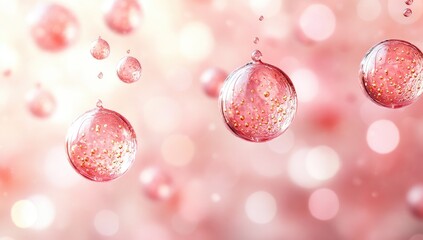 Floating pink liquid bubbles with gold particles on bokeh