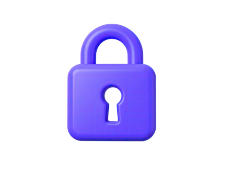 A vibrant, purple, 3D rendered padlock, set against a stark black background
