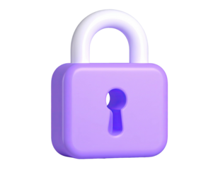 3D rendered purple padlock with white arch, isolated on black background