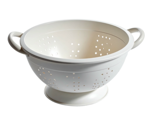 An elevated white kitchen colander with dual handles, against a black background