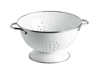 White enameled colander with handle and drain holes on pedestal