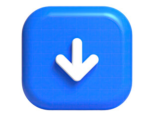 3D rendered blue square button with rounded edges and a white downward arrow