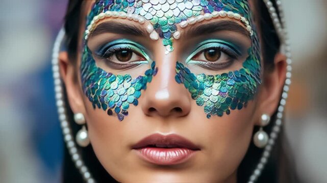 A woman's face is adorned with stunning fantasy makeup of iridescent scales and pearls for a mermaid look